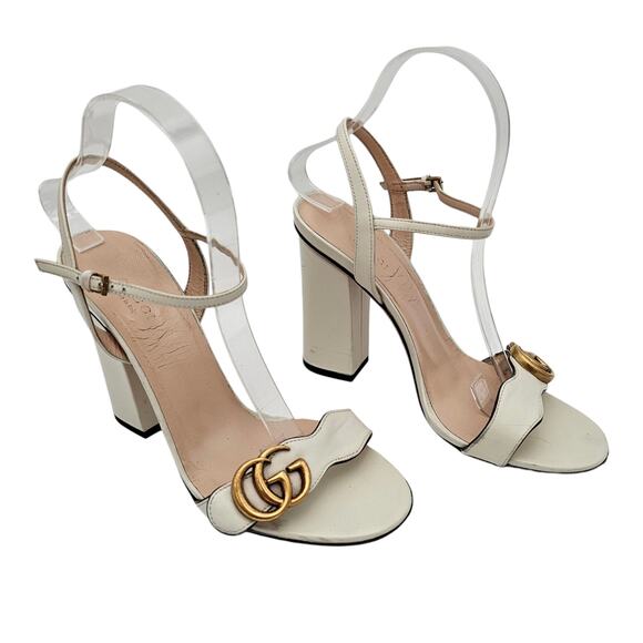 Gucci GG Logo Marmont Block High Heel Sandal White Leather Gold Size 38.5 US 8.5 - Picture 2 of 11
